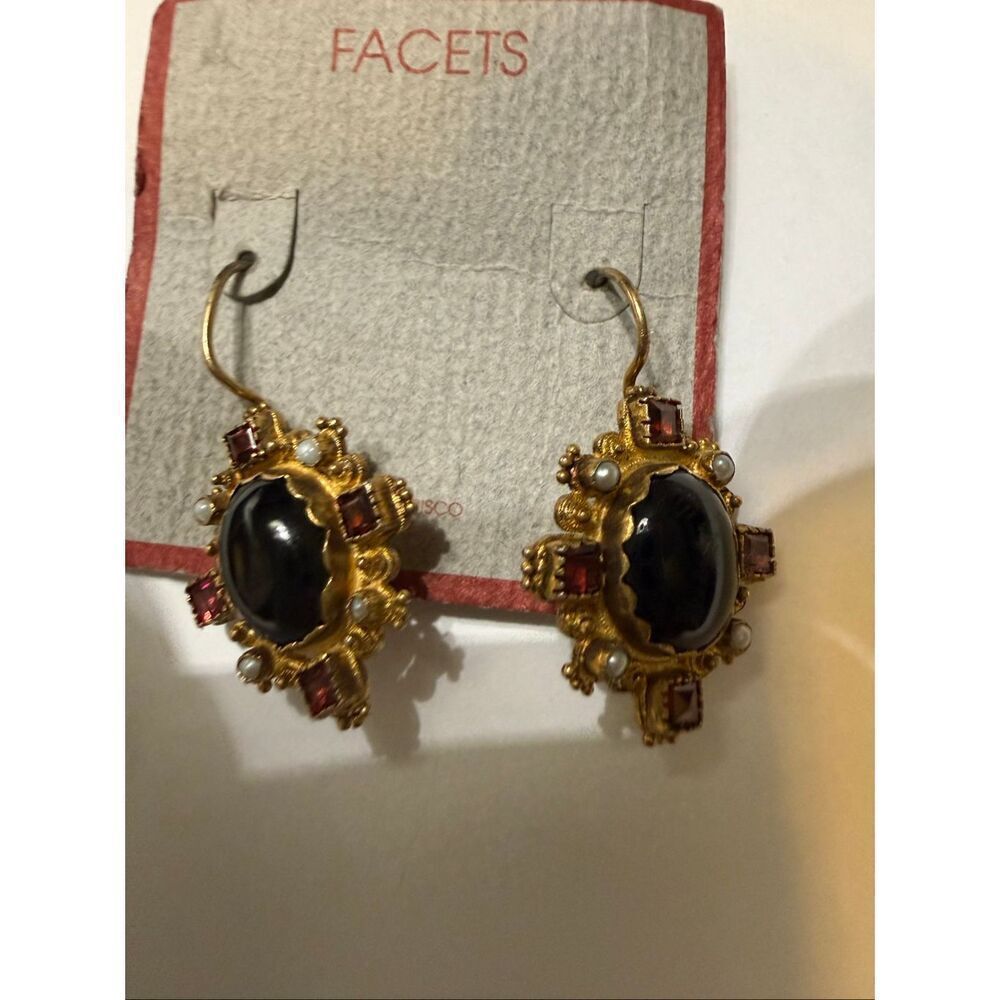 Facets Womens 925 Sterling Silver Black Onyx Garnet Pearl Leverback Earrings NWT